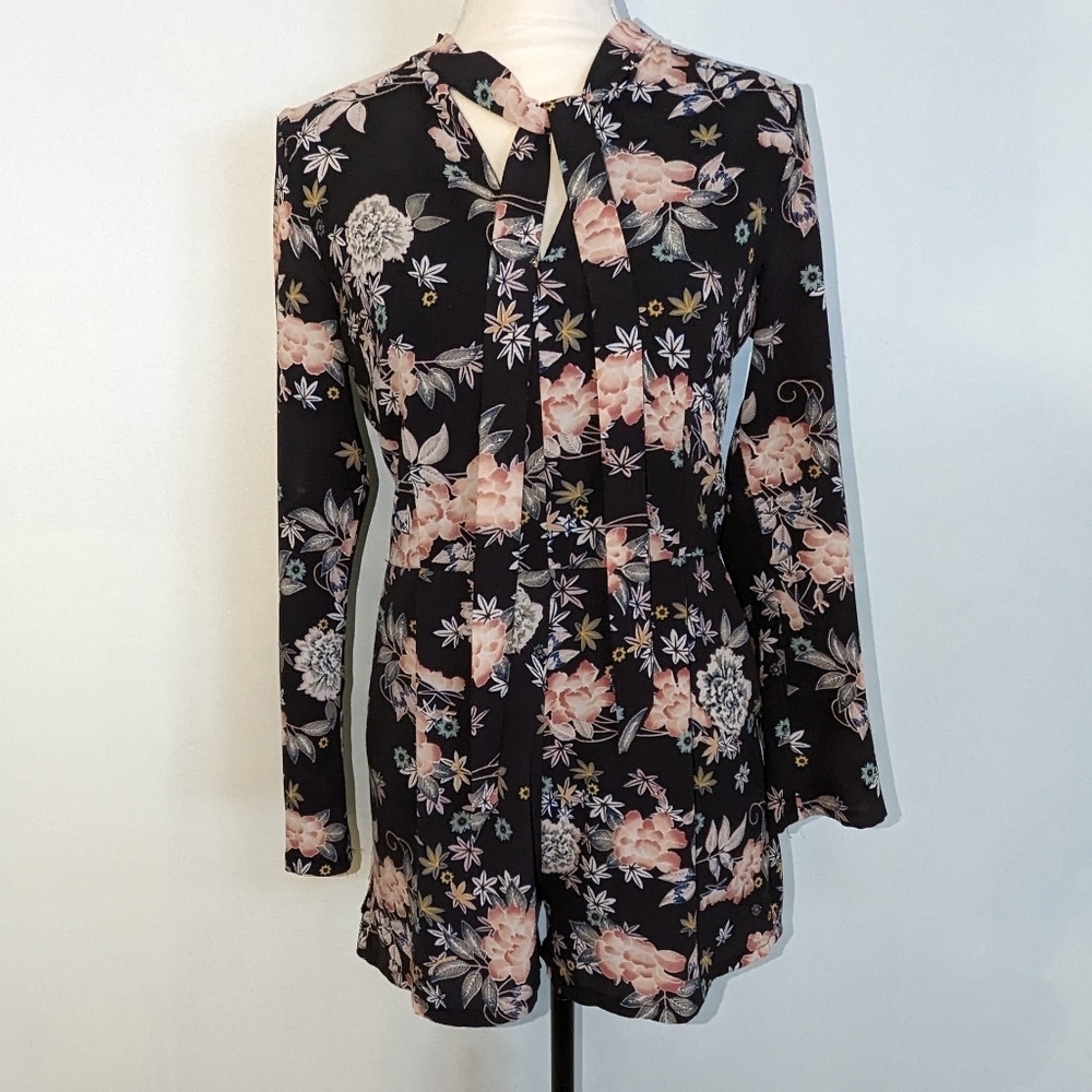 Lily White Romper Size S/M Long Sleeve Black Floral Lined Lightweight V-…